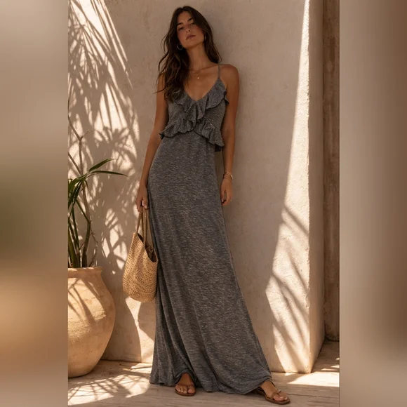 Max Studio Boho Gray Maxi Dress Ruffle Bust Spaghetti Strap Reformation Style M - Picture 1 of 7